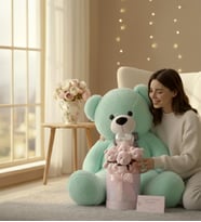 Premium 90 cm Peluş Ayı ve Silindir Pembe Kalpli Kutuda, Kalpli Balonlu 6’lı Pembe Ayıcık Buketi (Turkuaz)