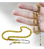 Ateş Kehribar Tesbih - 925 Ayar Gümüş Püsküllü - Mini Boy - Sarı Renk - Arpa Kesim