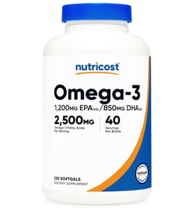 Nutricost Omega 3 Fish Oil - 2500MG, 120 Softgels (40 Serv) - Fish Oil, Wild Caught! 1200mg EPA 850mg DHA - Non-GMO, Gluten Free. (Renksiz)