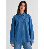 Kadın Asimetrik Yaka Çapraz Düğmeli Oversize Denim Ceket Gömlek - Açık Mavi