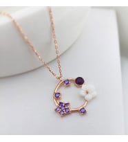 Vaoov 925 Ayar Gümüş Mor Taşlı Sedef Çiçekli Kolye (Rose)