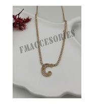 Çelik Kadın Kolye C Harfli Çelik Kolye 14 K Gold Renk Su Yolu Taşlı Zincirli 45 Cm Antialerjik 316L Kararmaz Kolye