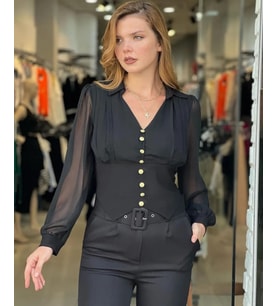 SİYAH ŞİFON V YAKA DÜĞME DETAYLI CROP BLUZ