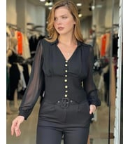 SİYAH ŞİFON V YAKA DÜĞME DETAYLI CROP BLUZ
