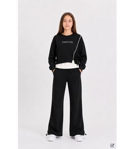 Bordo Kız Çocuk Garnili Sweatshirt Lastikli Paça Eşofmanlı 2li Alt Üst Takım 24768