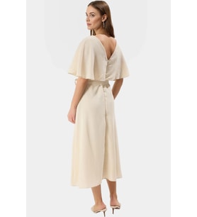 Rahat ve Şık Midi Elbise Astarlı Pelerin Detay Keten Görünümlü Kumaş Mükemmel Uyum