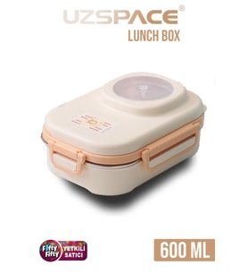 Uzspace 600 ML Çorba Kaseli-Çelik Kaşık Çatallı Paslanmaz Çelik Bento Lunch Box Yeni Nesil Sefer Tası-FFLBOX8021600 (Bej)