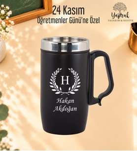 Öğretmenler Günü Hediyesi Kişiye Özel Harf Ve İsim Basklı Kulplu Çelik Siyah Termos Bardak 280 ml