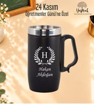 Öğretmenler Günü Hediyesi Kişiye Özel Harf Ve İsim Basklı Kulplu Çelik Siyah Termos Bardak 280 ml