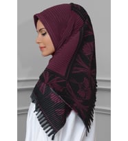 Bordo Pratik Hazır Geçmeli Tesettür Eşarp Kesik Elyaf Piliseli Çiçek Desenli 1818D3_16