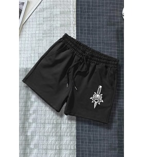 Tasarım Baskılı Pamuk Unisex Penye Short (Siyah)
