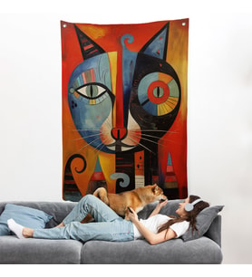 Pablo Picasso Tarzı - Soyut Renkli Kedi Duvar Örtüsü-7371