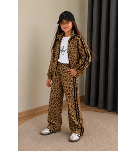Kız Çocuk Leopar Desenli Şeritli 3’lü Takım - 4/12 Yaş - 31893