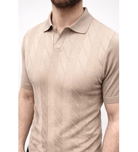 Erkek Yazlık Triko Dokuma Tişört Kısa Kol Polo Yaka T-Shirt - Bej