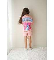 Cg Kids Stitch Temalı Sırt Baskı Detay Kız Çocuk Tshirt Şort Alt Üst Takım (Pembe)