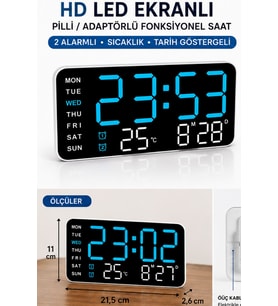 Hd Led Ekranlı Pilli Adaptörlü 2 Alarmlı Sıcaklık Tarih Göstergeli Mavi Beyaz Duvar Masa Saati Fonks