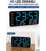 Hd Led Ekranlı Pilli Adaptörlü 2 Alarmlı Sıcaklık Tarih Göstergeli Mavi Beyaz Duvar Masa Saati Fonks