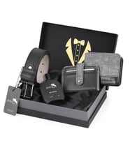 Polo Air Erkek Damat Çeyiz Kravatlı 4'lü Spor Şık Set Kemer, Cüzdan, Kartlık, Parfüm P-DMT-0011 (Gri)