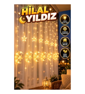 Hilal ve Yıldız Desenli LED Perde Işık – Sıcak Beyaz 2 Modlu Dekoratif Aydınlatma