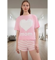 Kadın Pamuklu Çizgili Kalpli Pijama Takımı Rahat Homewear Tasarımı Uzun Ömürlü Özel Tasarım (Pembe)
