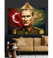 Türk Bayrağı Önünde Atatürk Dekoratif Kanvas - Mdf Ahşap Tablo