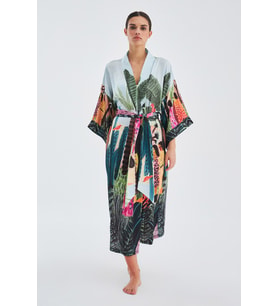 Peraluna KAURİ Tropik Desenli Bilek Hizası Saten Kadın Kimono - Çok Renkli