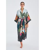 Peraluna KAURİ Tropik Desenli Bilek Hizası Saten Kadın Kimono - Çok Renkli