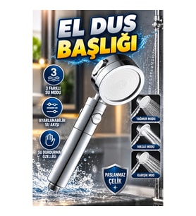 Paslanmaz Çelik 3 Modlu Çok Fonksiyonlu El Duş Başlığı – Ayarlanabilir Su Akışı ve Su Durdurma Özell