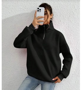 Unisex Uzun Kol Yarım Farmuarlı Yakalı Basic SweatShirt - Siyah