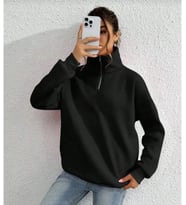 Unisex Uzun Kol Yarım Farmuarlı Yakalı Basic SweatShirt - Siyah