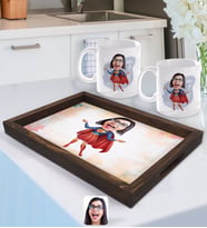BK Gift Kişiye Özel Süper Anne Karikatürlü Doğal Ahşap Tepsi ve 2’li Kupa Bardak Seti-1