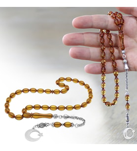 Ateş Kehribar Tesbih - Metal Püsküllü - Sarı Renk - Ayyıldız Uçlu İsme Özel Yazılı - Arpa Kesim
