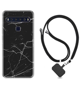 TCL 10L 10 Plus 10SE 20E 20SE 30 L7 Kılıf Boyun Askılı Silikon Siyah Mermer 1299