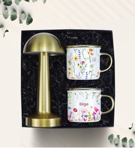 Gold Mantar Masa Lambası Vintage Kupa Hediye Seti