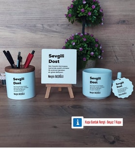 Arkadaşa Hediye Dekoratif Taş, Kalemlik, T Kupa Bardak, Ahşap Anahtarlık Hediye (Model 1)