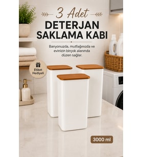 3'lü 3 Lt Etiketli Ahşap Kapaklı Deterjan Saklama Kabı