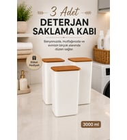 3'lü 3 Lt Etiketli Ahşap Kapaklı Deterjan Saklama Kabı