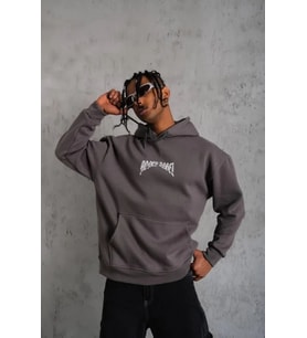 Erkek Kordon İpli Baskılı Kapüşonlu Sweatshirt - Füme
