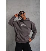 Erkek Kordon İpli Baskılı Kapüşonlu Sweatshirt - Füme
