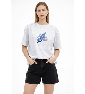 Kadın Asit Yıkamalı Oversize Tişört Bisiklet Yaka Kısa Kol T-shirt - Beyaz