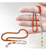 Ateş Kehribar Tesbih - 925 Ayar Gümüş Püsküllü - Mini Boy - Gün Batımı - Kapsül Kesim