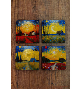 Doğal Taş Bardak Altlığı 4'lü Set 10x10x1 cm Yapay Zeka Desenleri -Stone Coasters