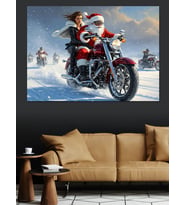 Motosiklette Noel Baba Kış Tablosu Dekoratif Kanvas - Mdf Ahşap Tablo
