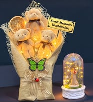 Kişiye Özel Led Işıklı Büyük Boy Peluş Ayıcık Buketi ve Led Işıklı Biblolu Fanus (Model 5)