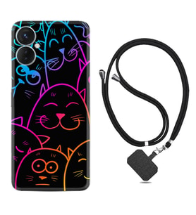 Tecno Spark 9T Kılıf Silikon Boyun Askılı İpli Desenli Silikon Neon Cats 1790