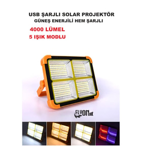 ŞARJLI HEM GÜNEŞ ENERJLİ SOLAR PROJEKTÖR 4000 LÜMEL 5 IŞIK MODLU LAMBA FENER  SOLAR PANEL PORTATİF