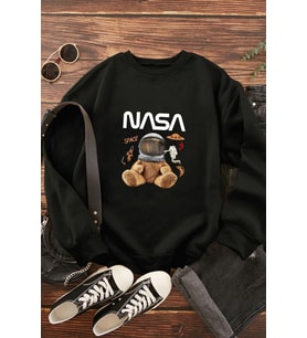 Unisex Nasa Baskılı Bisiklet Yaka Sweatshirt (Siyah)