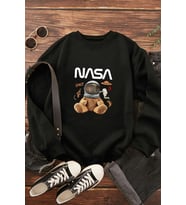 Unisex Nasa Baskılı Bisiklet Yaka Sweatshirt (Siyah)