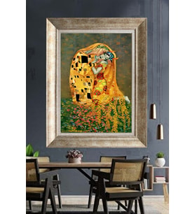 Tablore Klimt Tarzı Altın Detaylı Sarılan Çift Çerçeveli Kanvas Tablo Modern Duvar Dekoru