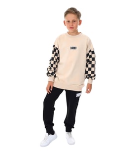 Erkek Çocuk East Coast Yazılı Kolları Dama Desenli Sweatshirt